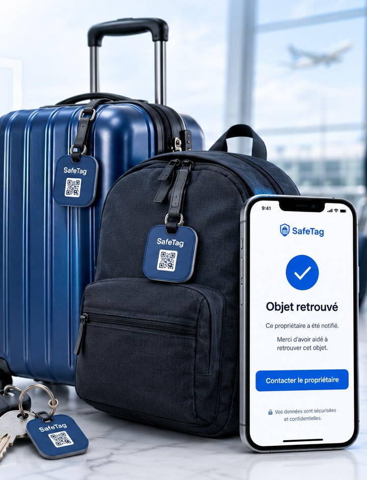 SafeTag tags attached to a suitcase, a backpack and a set of keys, next to a phone showing the finder confirmation page
