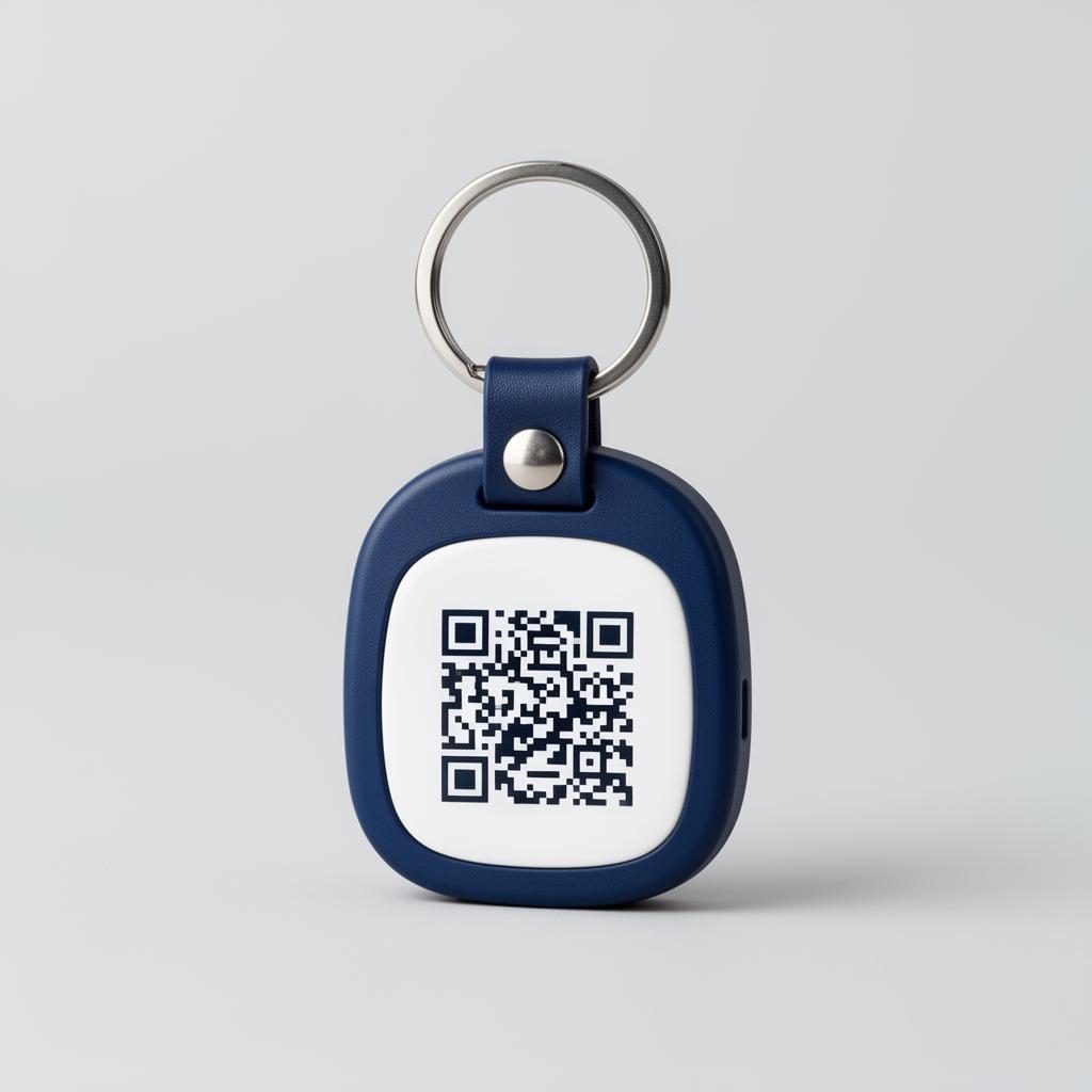SafeTag navy keychain tag with QR code